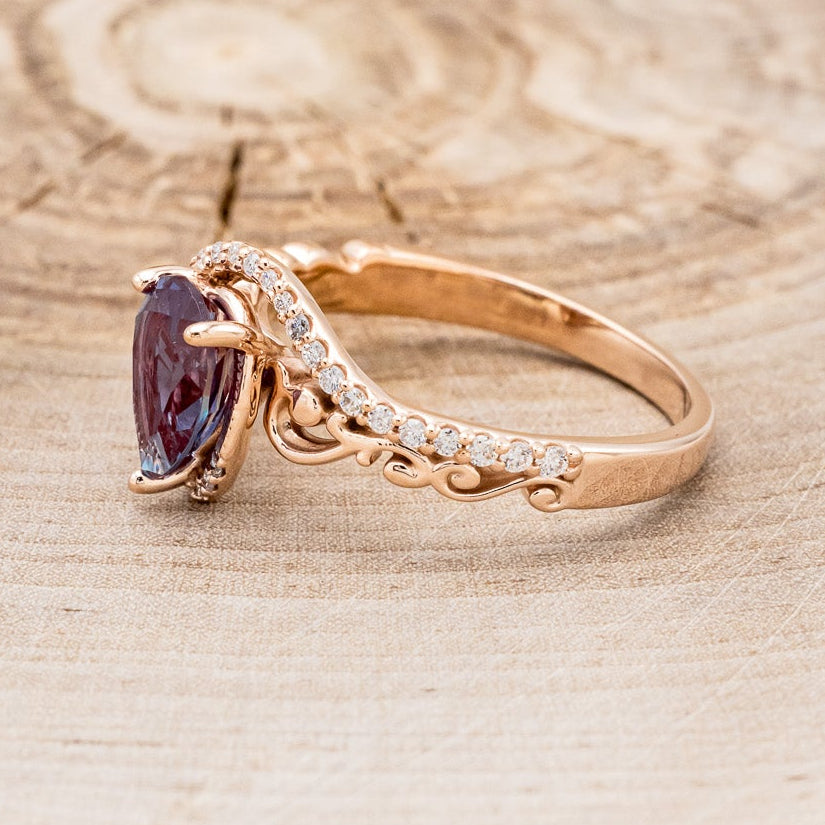 "Scarlet" - Pear Cut Lab-Grown Alexandrite Engagement Ring With Diamond Accents