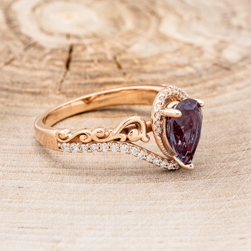 "Scarlet" - Pear Cut Lab-Grown Alexandrite Engagement Ring With Diamond Accents