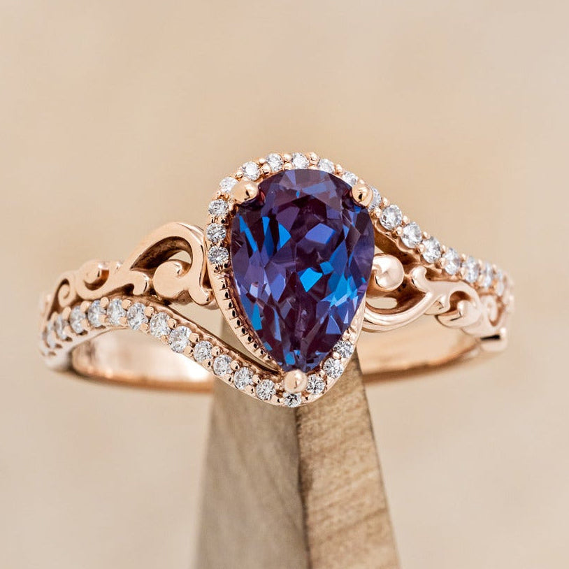 "Scarlet" - Pear Cut Lab-Grown Alexandrite Engagement Ring With Diamond Accents