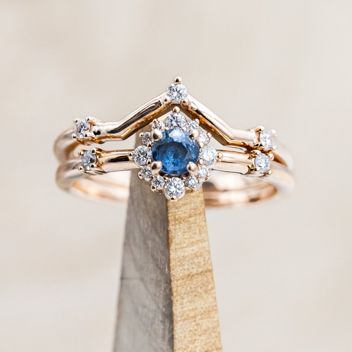 "Starla" - Aquamarine Engagement Ring With Starburst Diamond Halo & Contoured Tracer