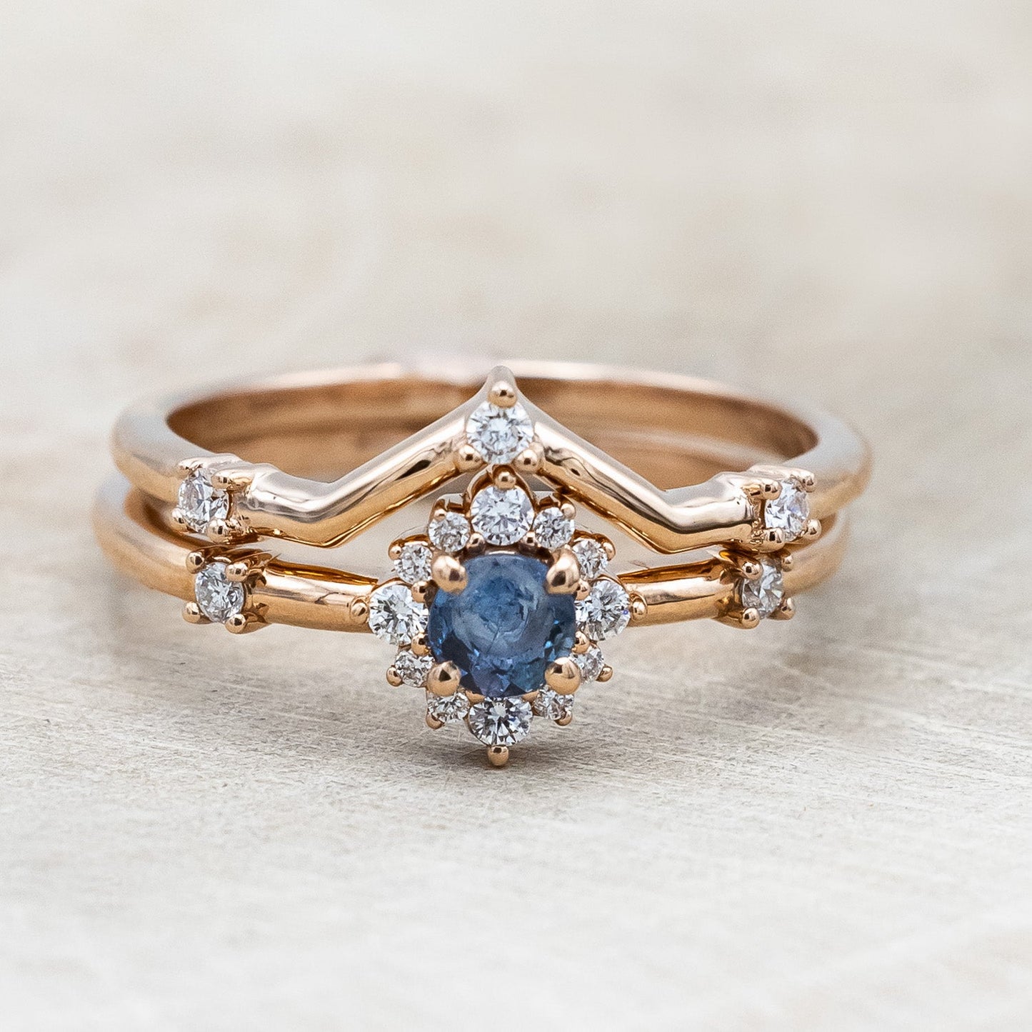 "Starla" - Aquamarine Engagement Ring With Starburst Diamond Halo & Contoured Tracer