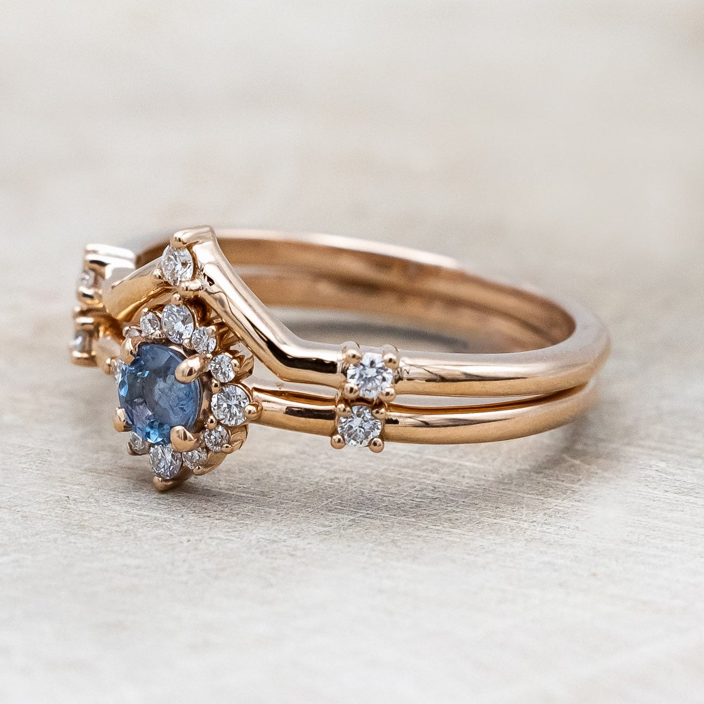 "Starla" - Aquamarine Engagement Ring With Starburst Diamond Halo & Contoured Tracer
