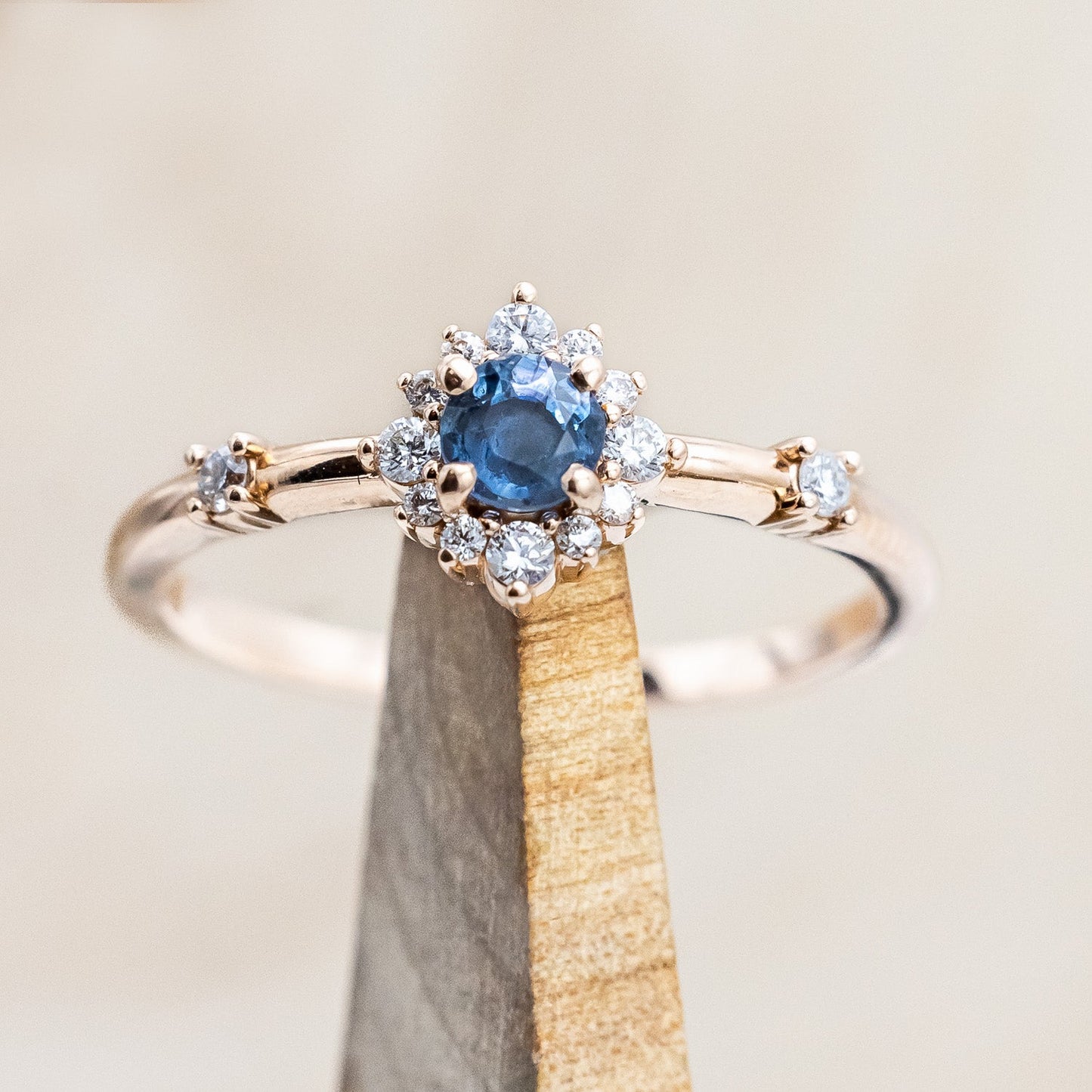 "Starla" - Aquamarine Engagement Ring With Starburst Diamond Halo & Contoured Tracer