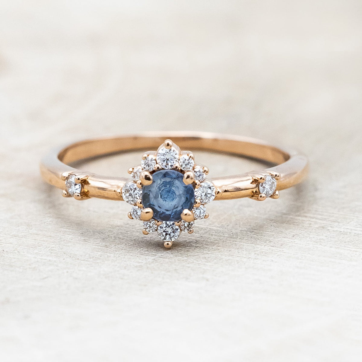 "Starla" - Aquamarine Engagement Ring With Starburst Diamond Halo & Contoured Tracer