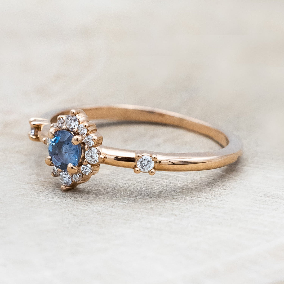 "Starla" - Aquamarine Engagement Ring With Starburst Diamond Halo & Contoured Tracer