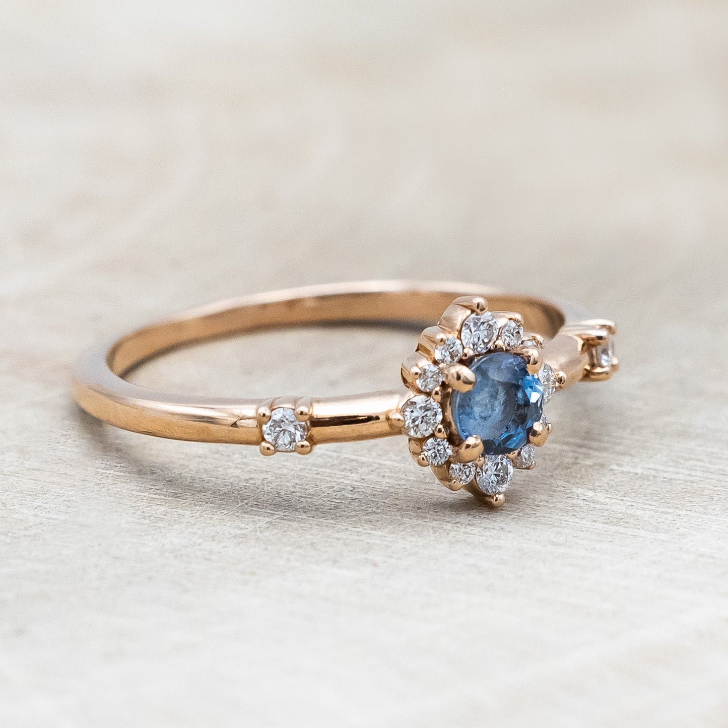 "Starla" - Aquamarine Engagement Ring With Starburst Diamond Halo & Contoured Tracer