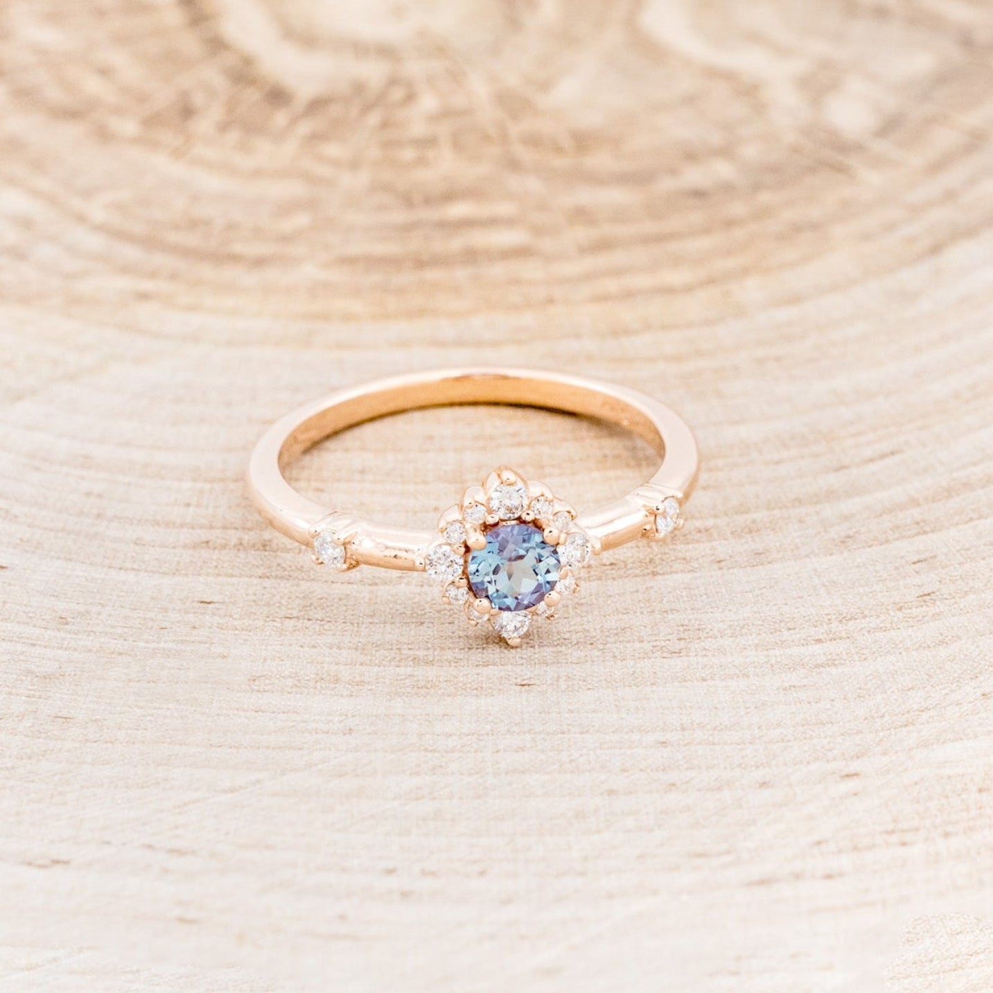 "Starla" - Round Cut Lab-Grown Alexandrite Engagement Ring With Starburst Diamond Halo