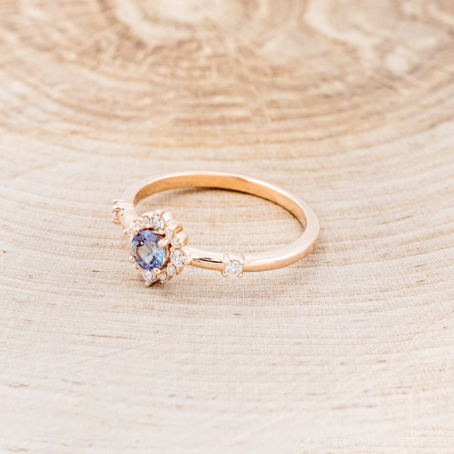 "Starla" - Round Cut Lab-Grown Alexandrite Engagement Ring With Starburst Diamond Halo