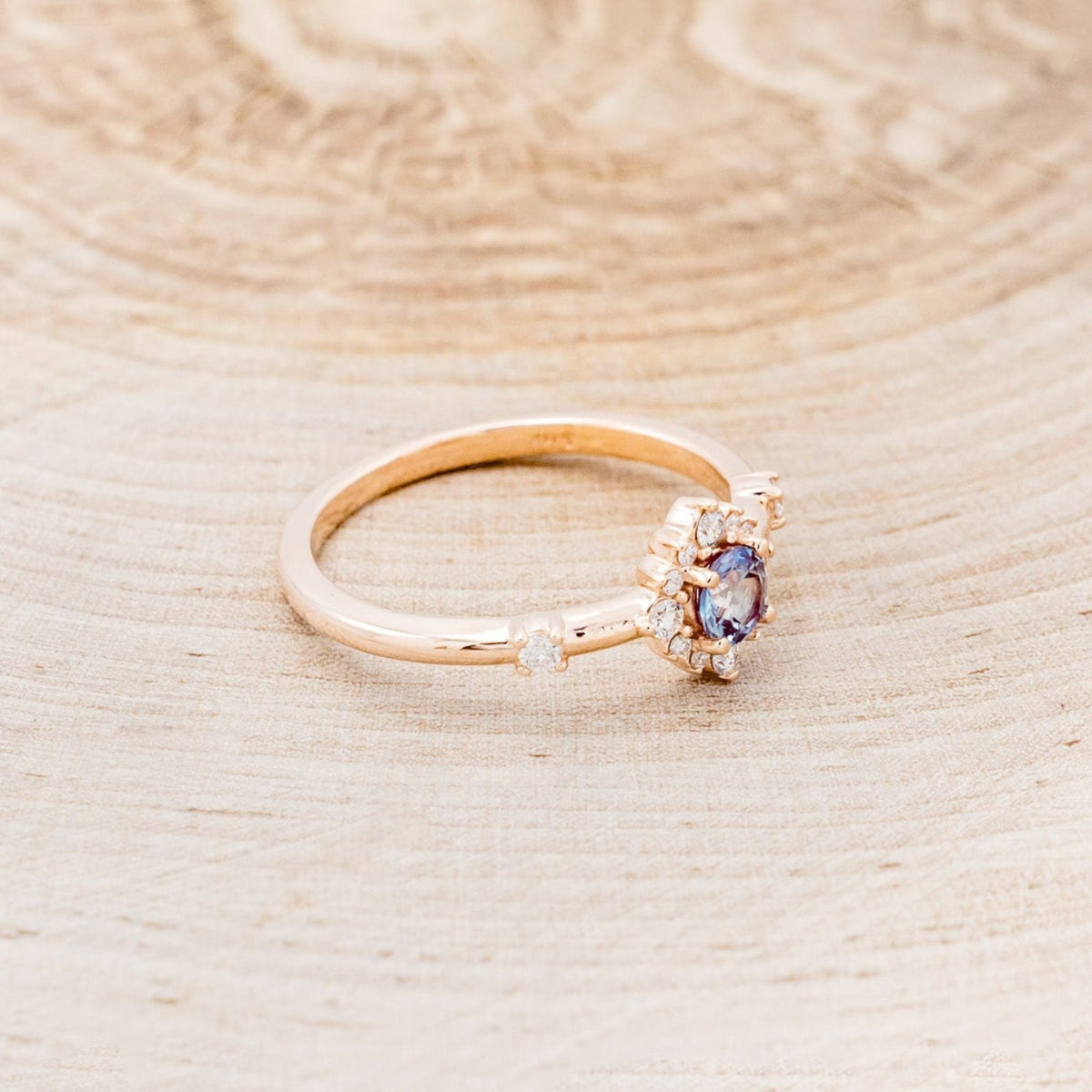 "Starla" - Round Cut Lab-Grown Alexandrite Engagement Ring With Starburst Diamond Halo