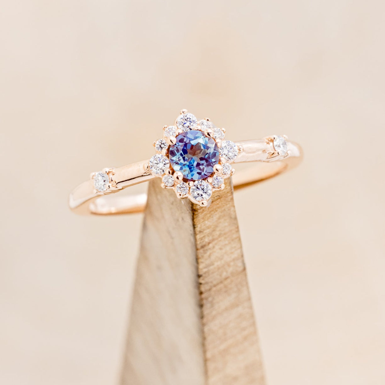 "Starla" - Round Cut Lab-Grown Alexandrite Engagement Ring With Starburst Diamond Halo