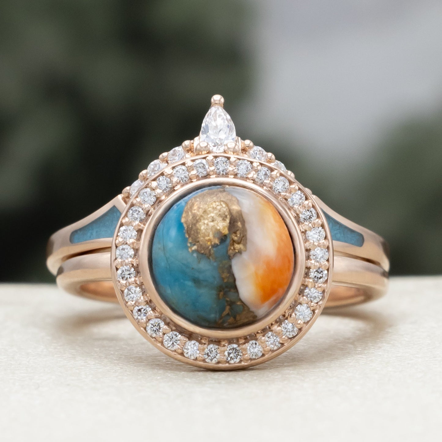 "Terra" - Bridal Suite - Round Cabochon Cut Turquoise Engagement Ring With Diamond Halo & Sama Tracers