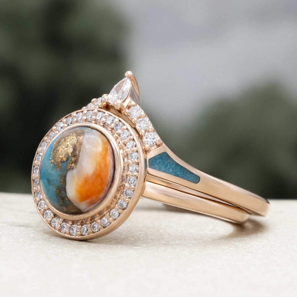 "Terra" - Bridal Suite - Round Cabochon Cut Turquoise Engagement Ring With Diamond Halo & Sama Tracers