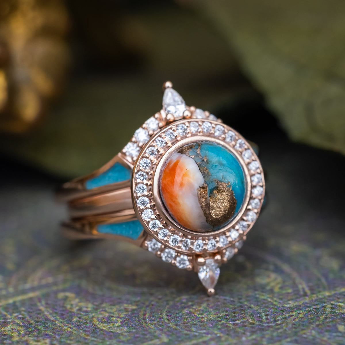 "Terra" - Bridal Suite - Round Cabochon Cut Turquoise Engagement Ring With Diamond Halo & Sama Tracers