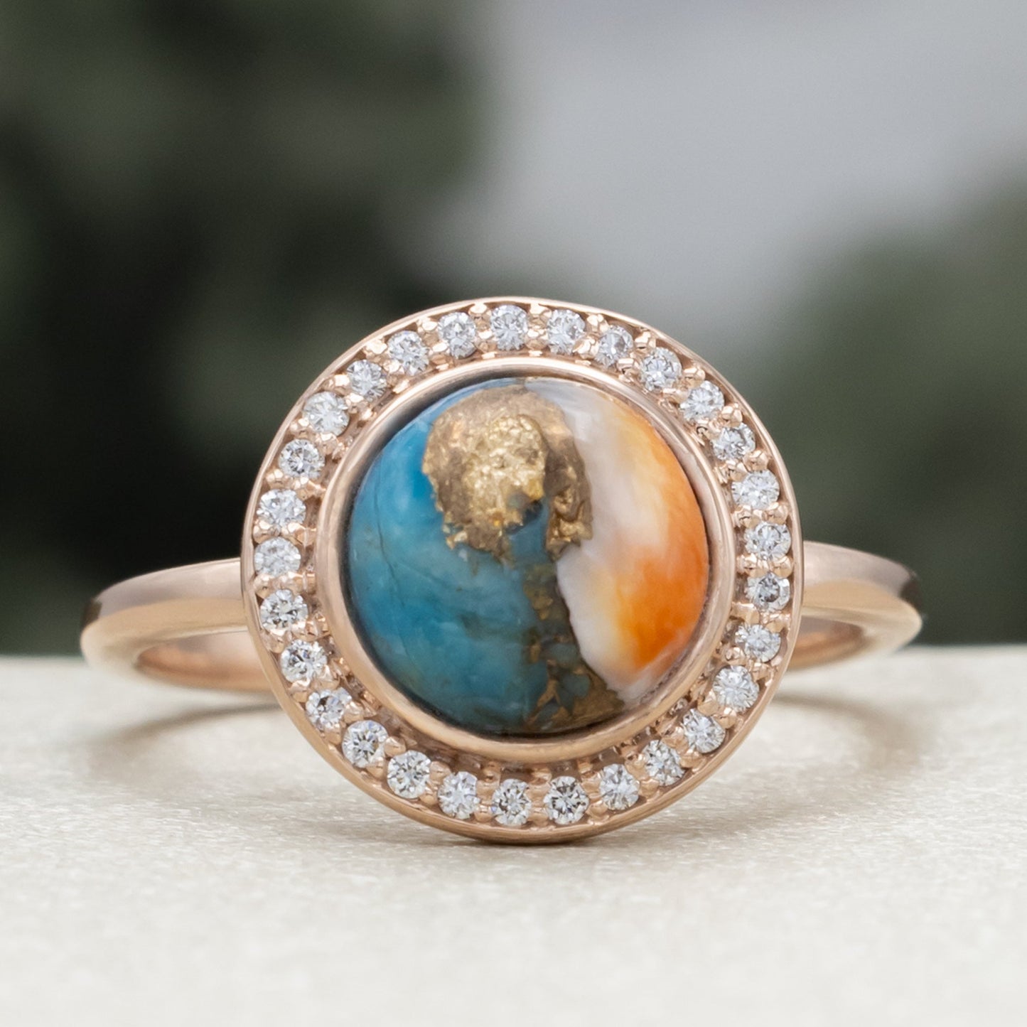 "Terra" - Bridal Suite - Round Cabochon Cut Turquoise Engagement Ring With Diamond Halo & Sama Tracers