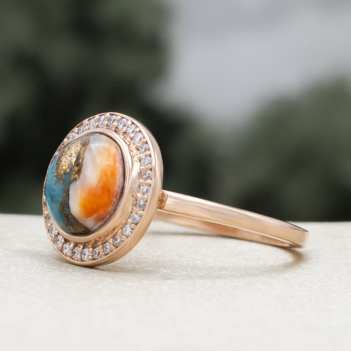 "Terra" - Bridal Suite - Round Cabochon Cut Turquoise Engagement Ring With Diamond Halo & Sama Tracers