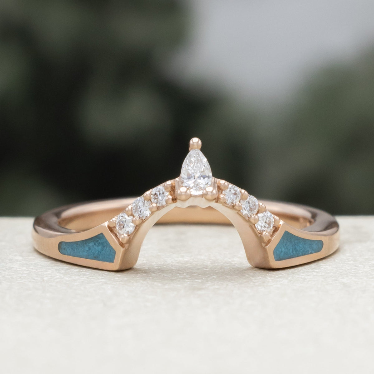 "Terra" - Bridal Suite - Round Cabochon Cut Turquoise Engagement Ring With Diamond Halo & Sama Tracers