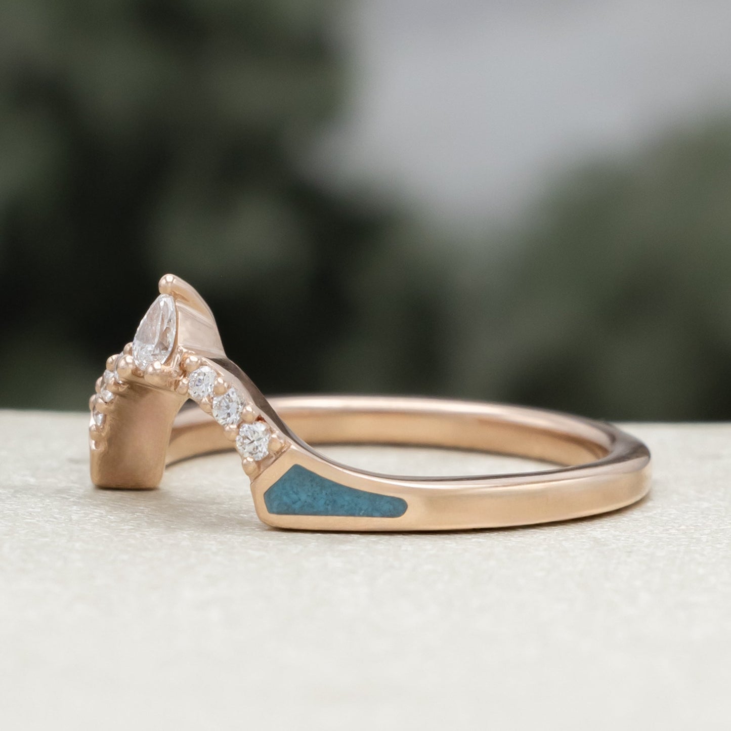 "Terra" - Bridal Suite - Round Cabochon Cut Turquoise Engagement Ring With Diamond Halo & Sama Tracers