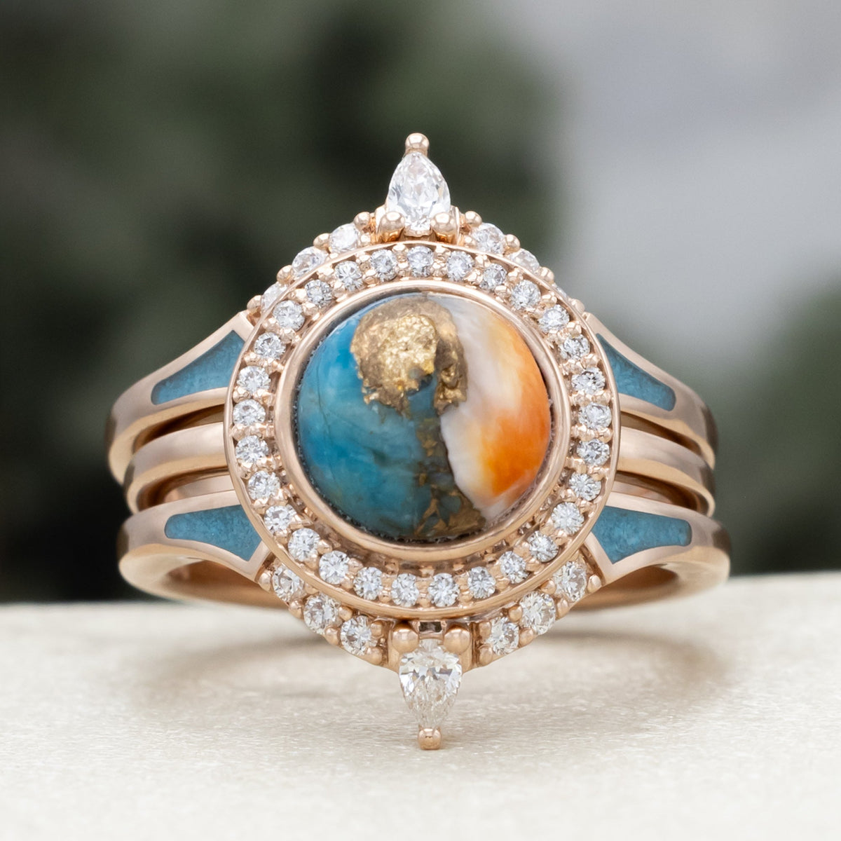 "Terra" - Bridal Suite - Round Cabochon Cut Turquoise Engagement Ring With Diamond Halo & Sama Tracers