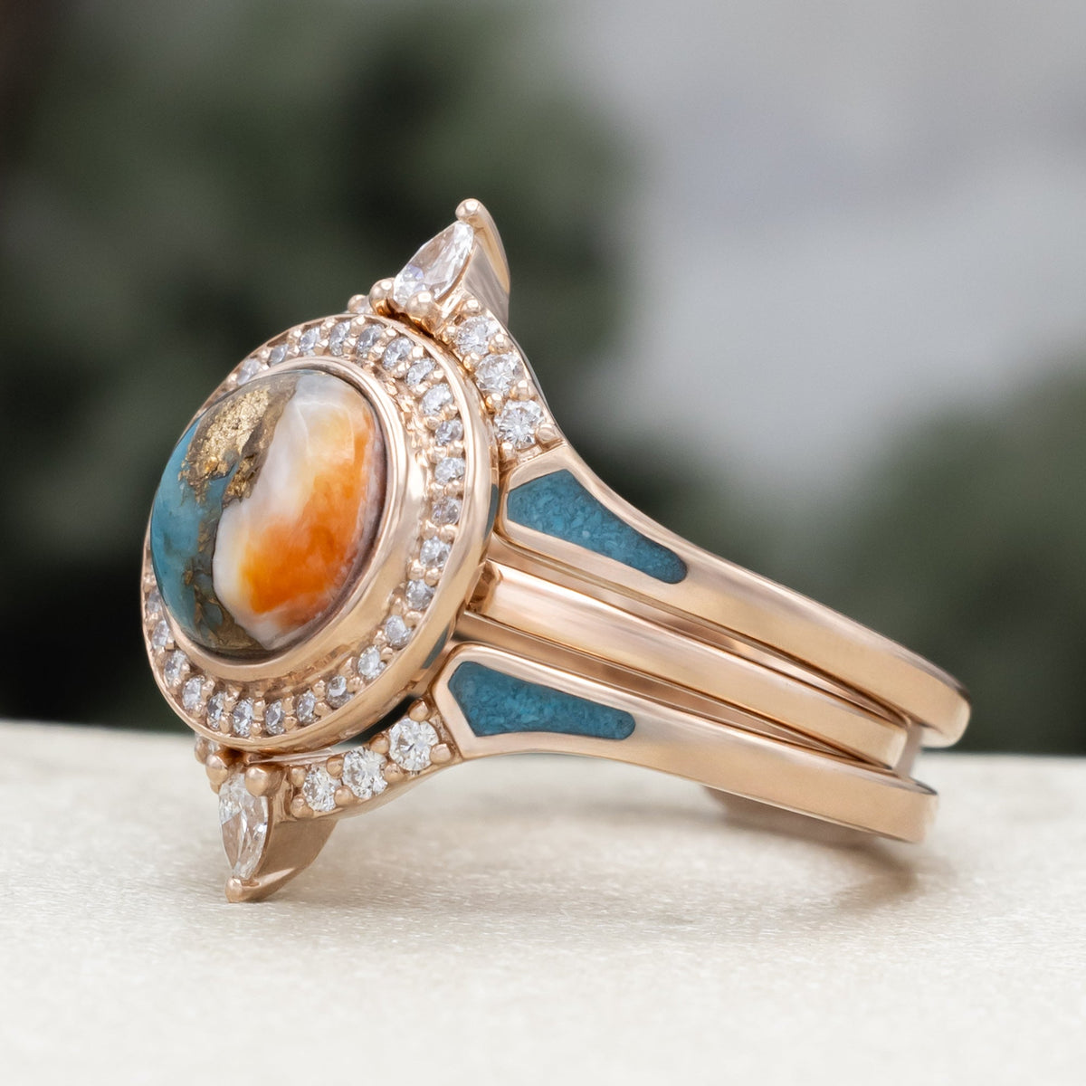 "Terra" - Bridal Suite - Round Cabochon Cut Turquoise Engagement Ring With Diamond Halo & Sama Tracers
