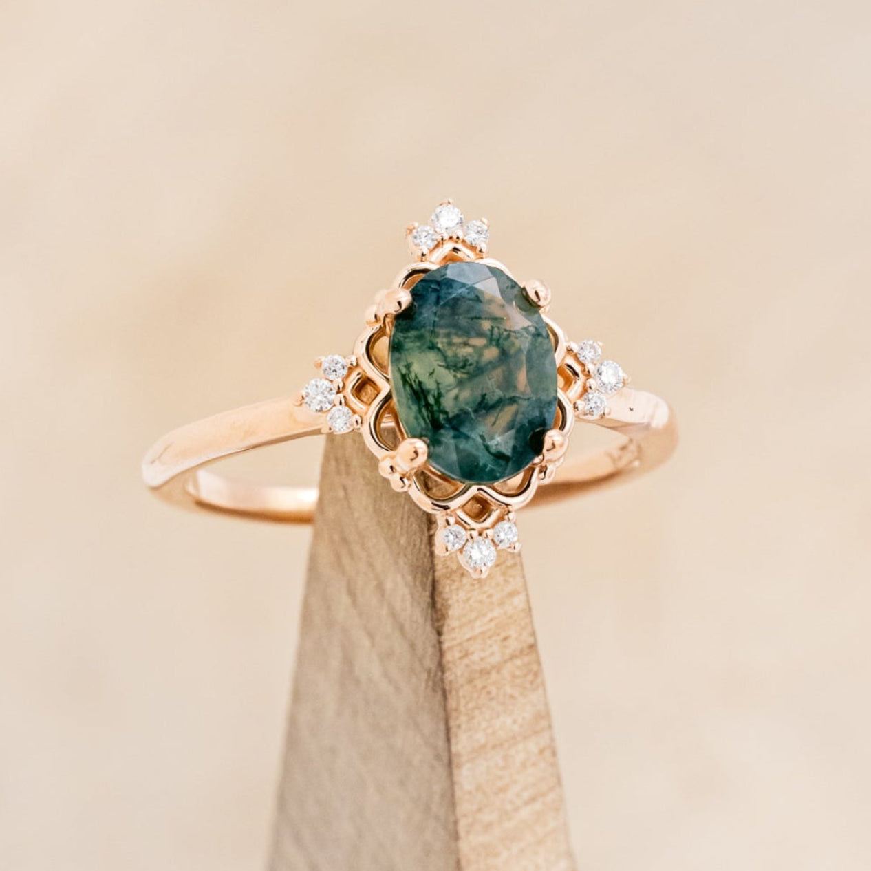 "Treva" - Oval Cut Moss Agate Engagement Ring With Diamond Accents & "Melody" Tracer