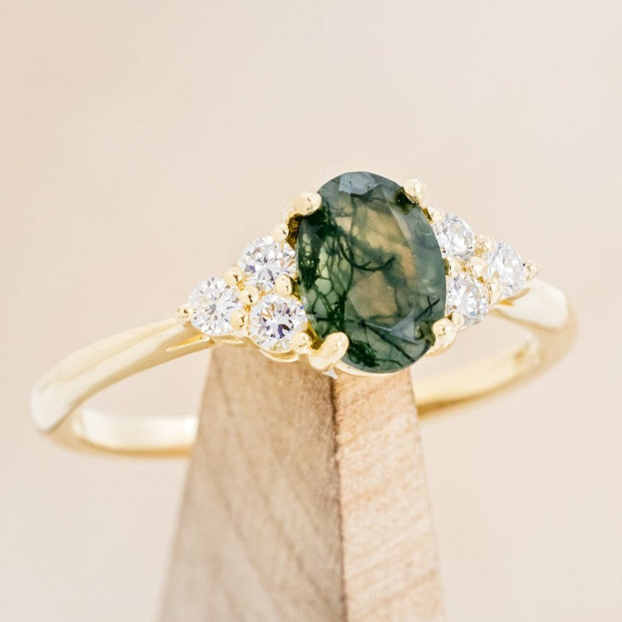 "Rhea" - Oval Cut Moss Agate Engagement Ring With Diamond Accents
