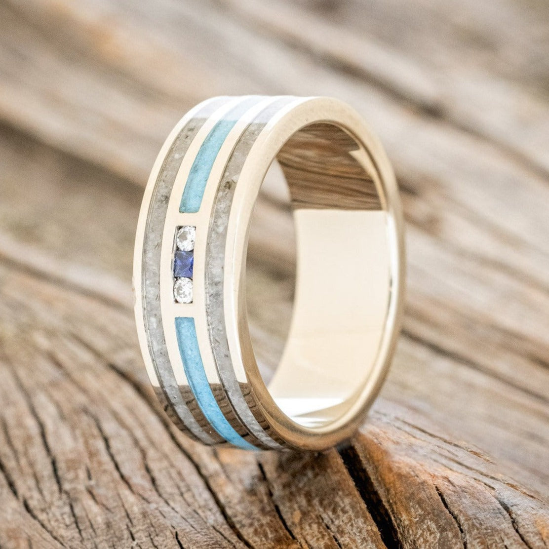 "Rio" - Genuine Blue Sapphire, Diamonds, Turquoise & Moonstone Wedding Band - 14K White Gold (8mm) - Size 6 3/4