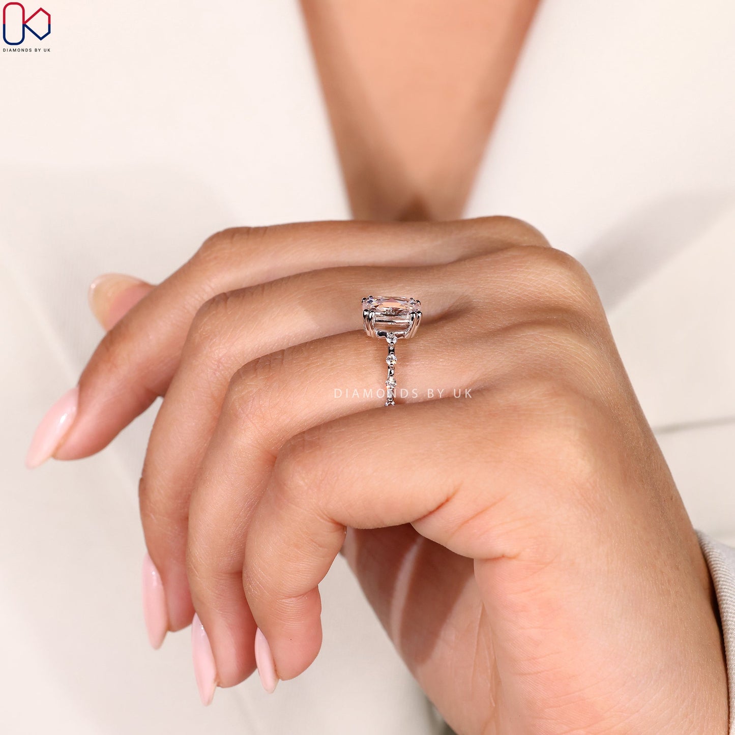 Cushion Rose Cut Diamond Engagement Ring with Distance Pave