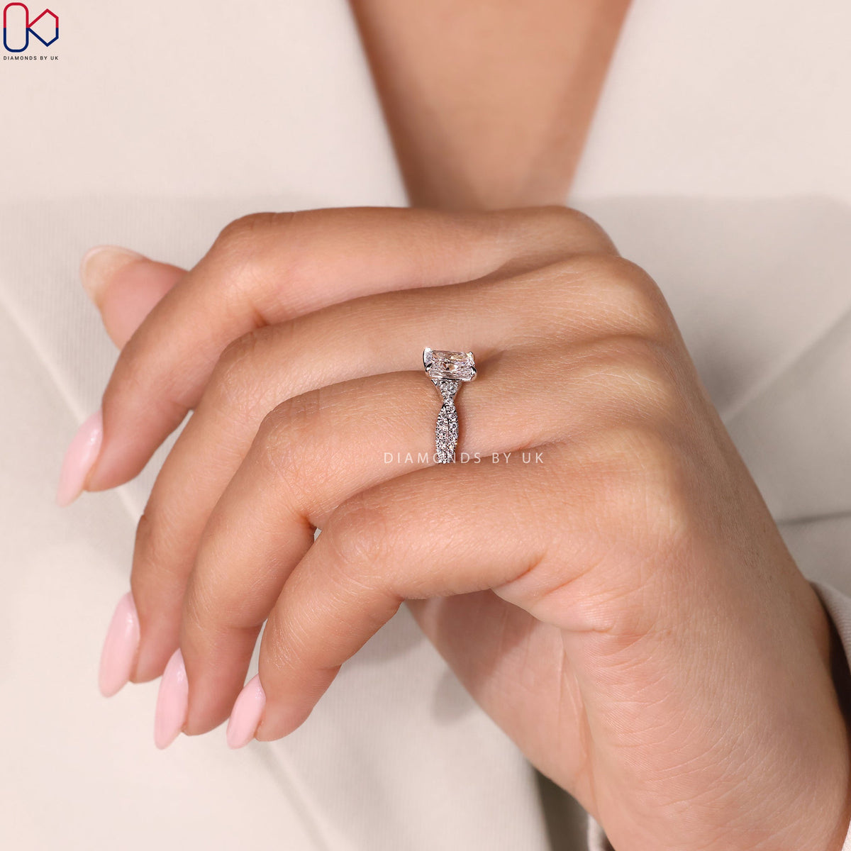 Cushion Cut Diamond Ring with Twisted Pave Style