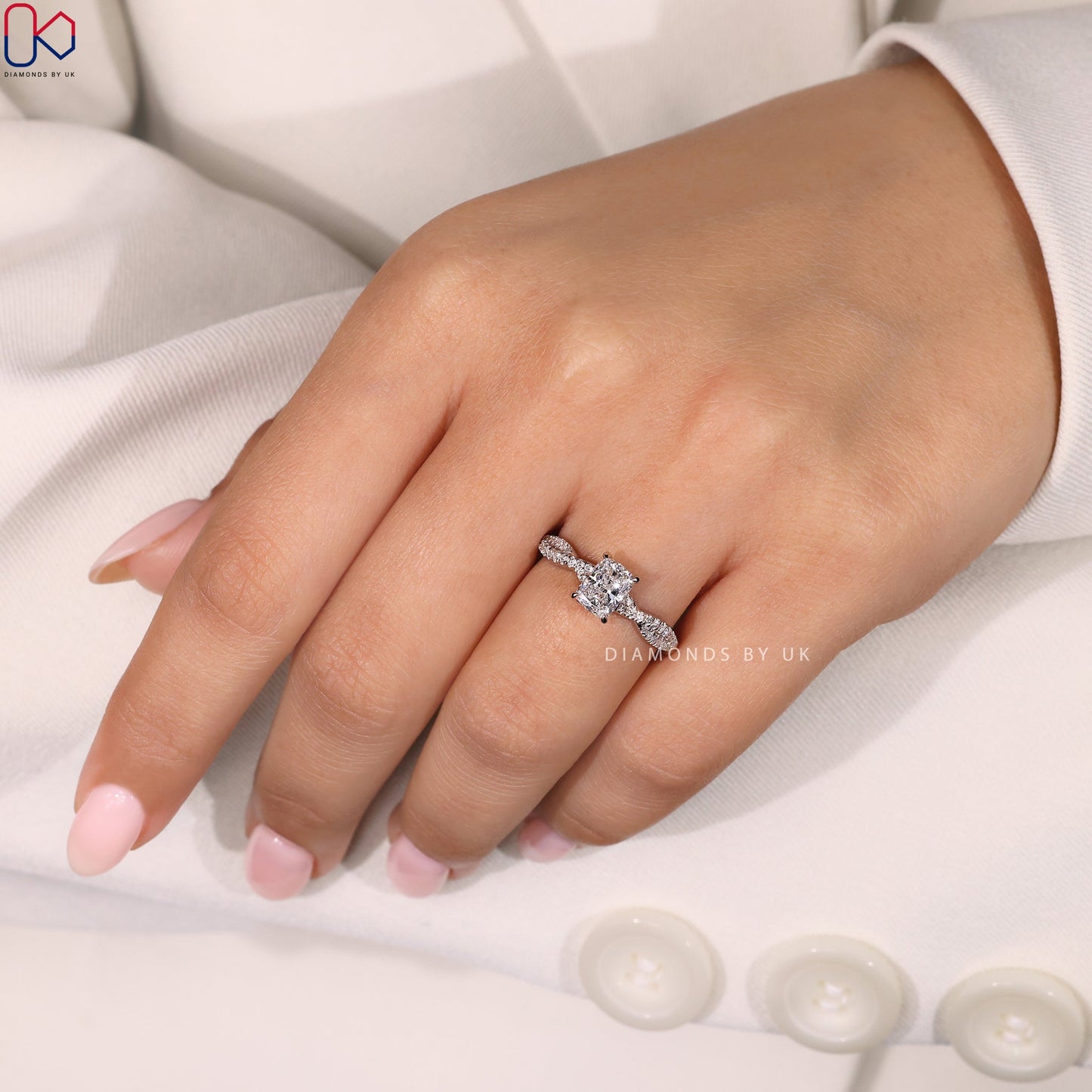 Cushion Cut Diamond Ring with Twisted Pave Style