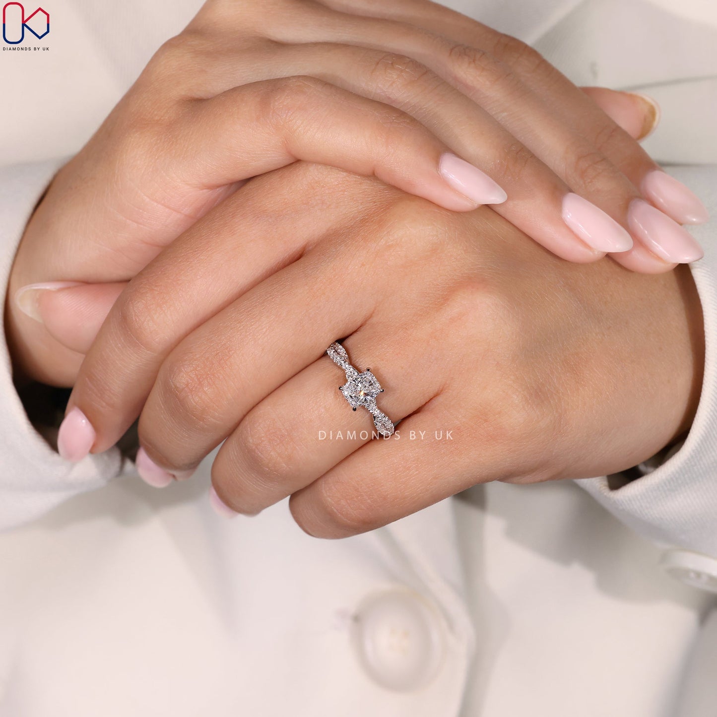 Cushion Cut Diamond Ring with Twisted Pave Style