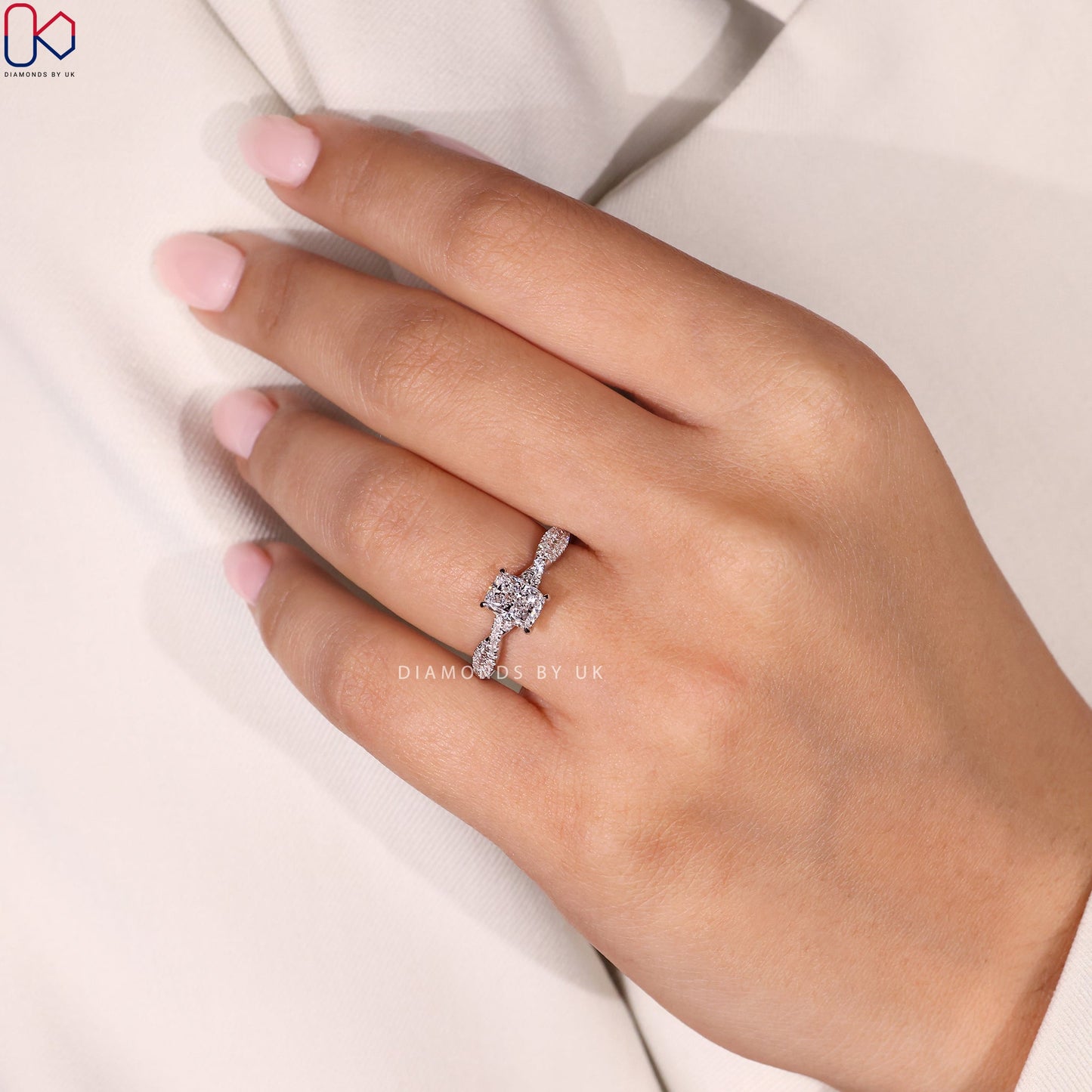 Cushion Cut Diamond Ring with Twisted Pave Style