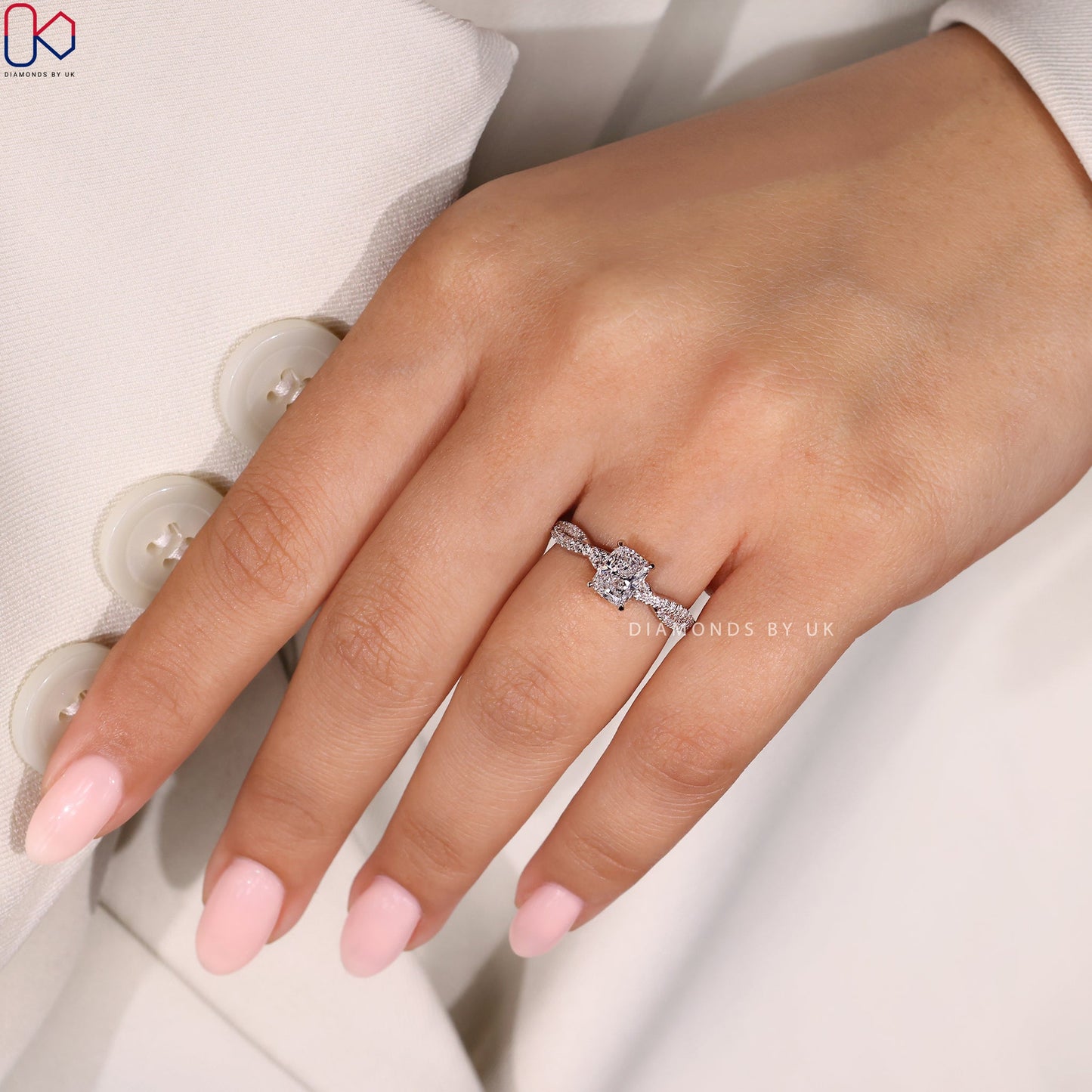 Cushion Cut Diamond Ring with Twisted Pave Style