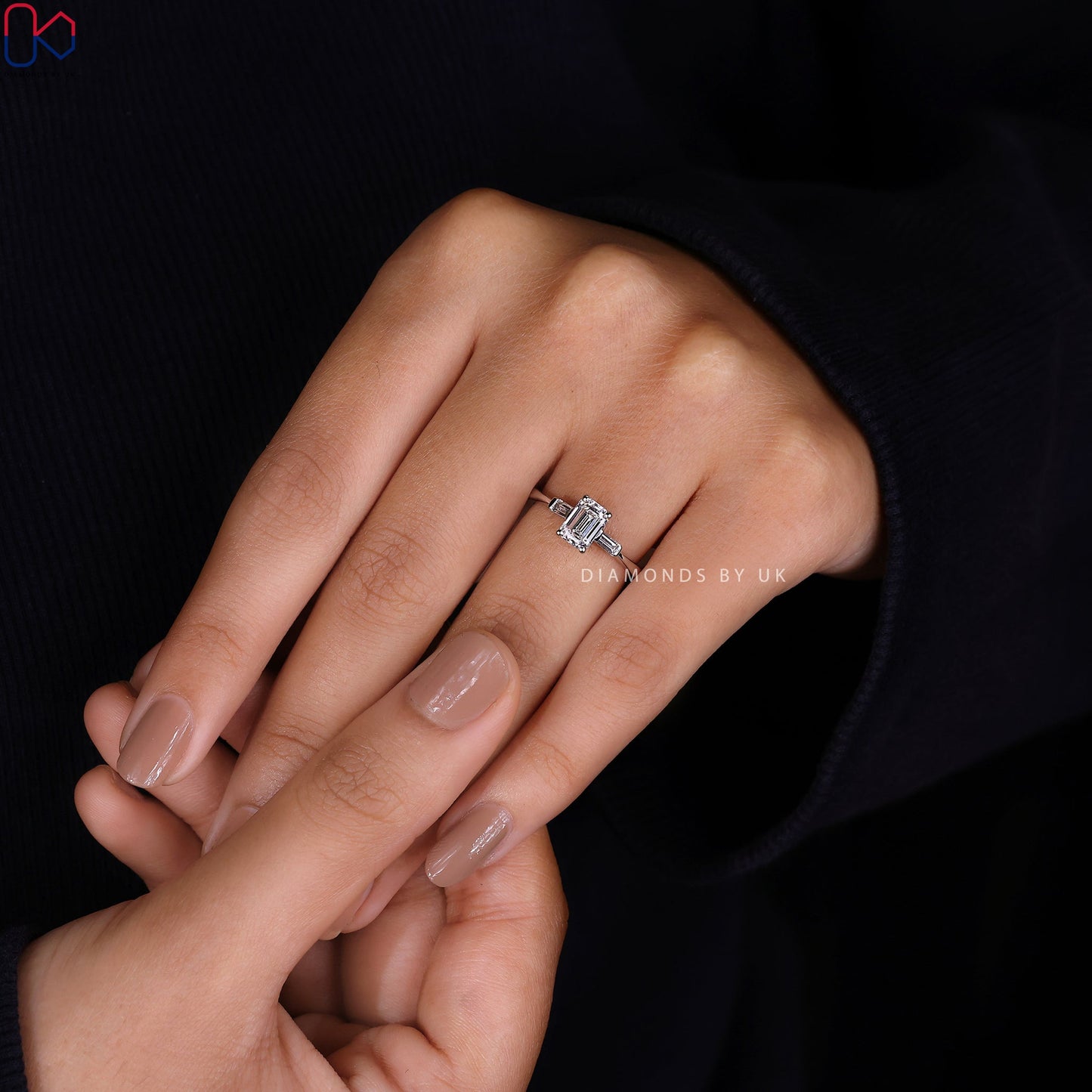 3 Stone Diamond Ring - Emerald and Baguette Cut