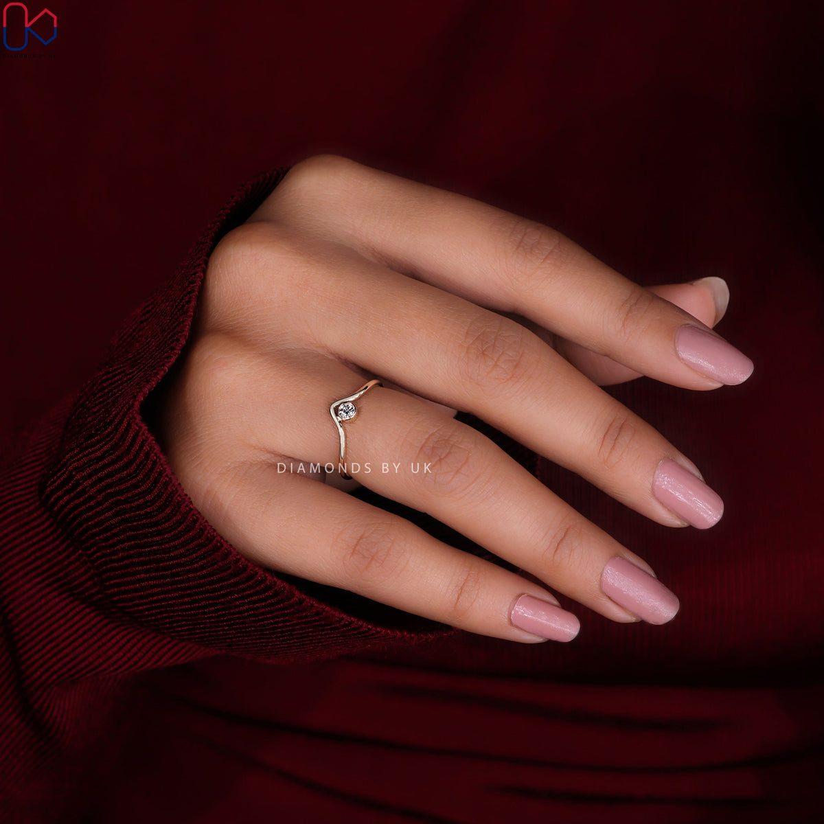 V Shaped Wedding Band - Bezel Set Diamond