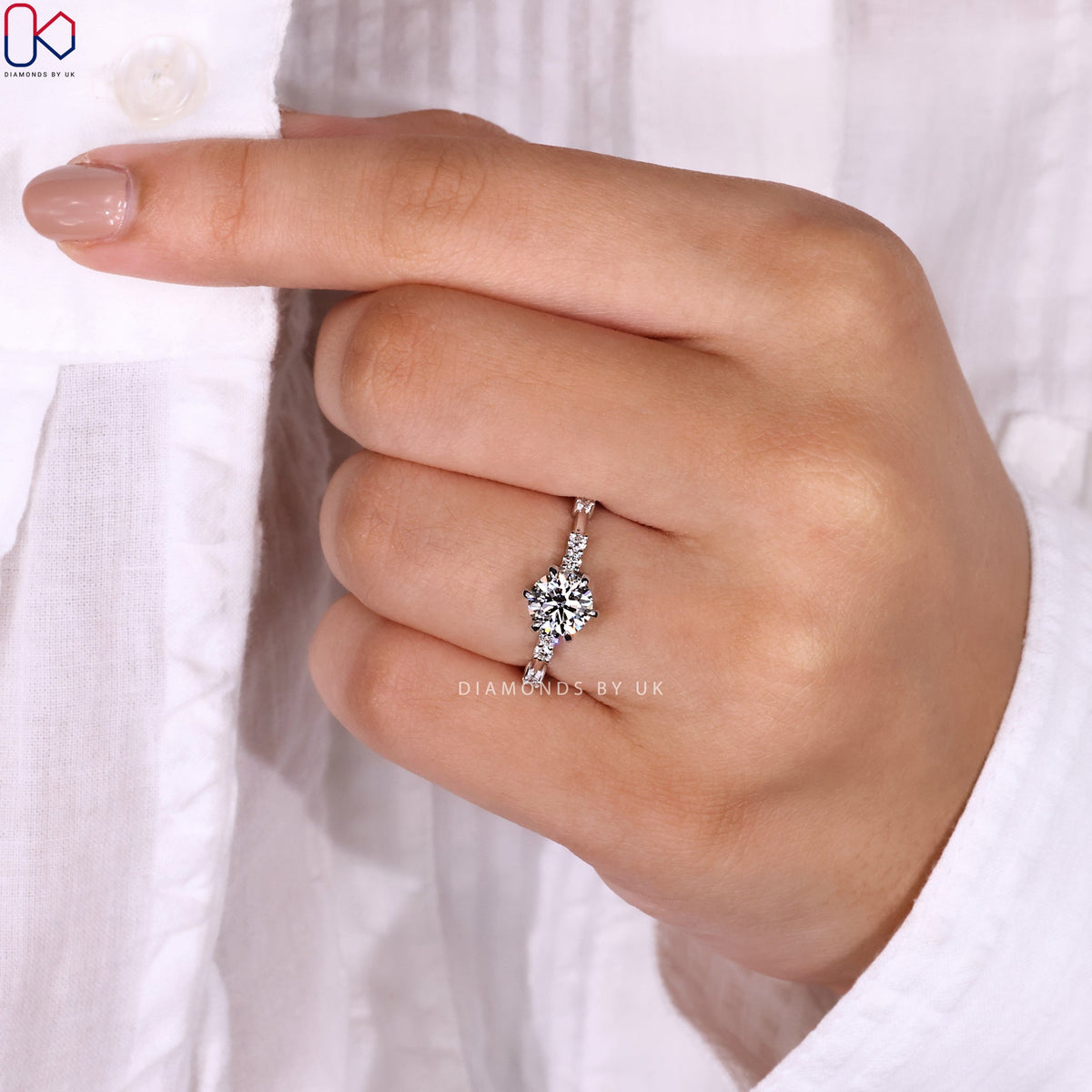 Round Diamond Engagement Ring With Distance Pave Band
