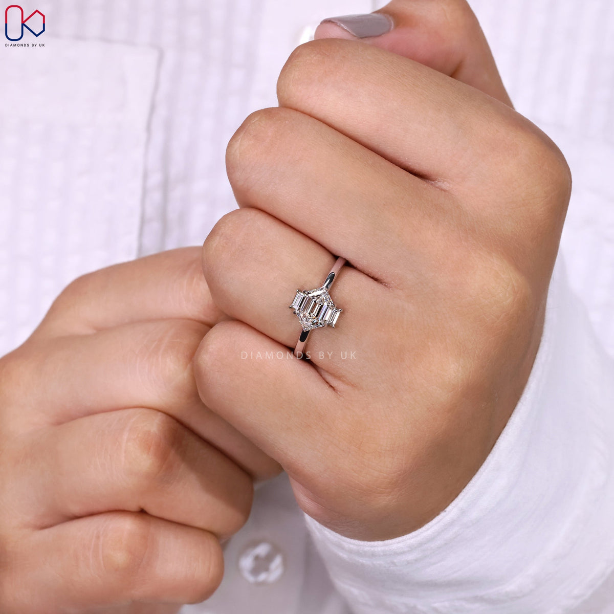 Hexagon Cut East West Diamond Ring In White Gold