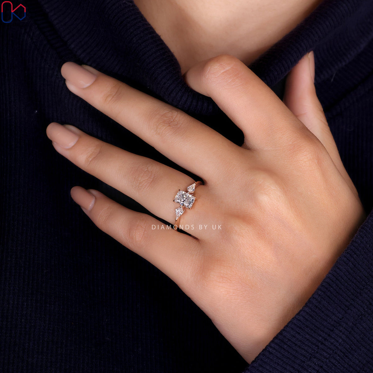 3 Stone Ring With Radiant and Kite Cut Diamonds