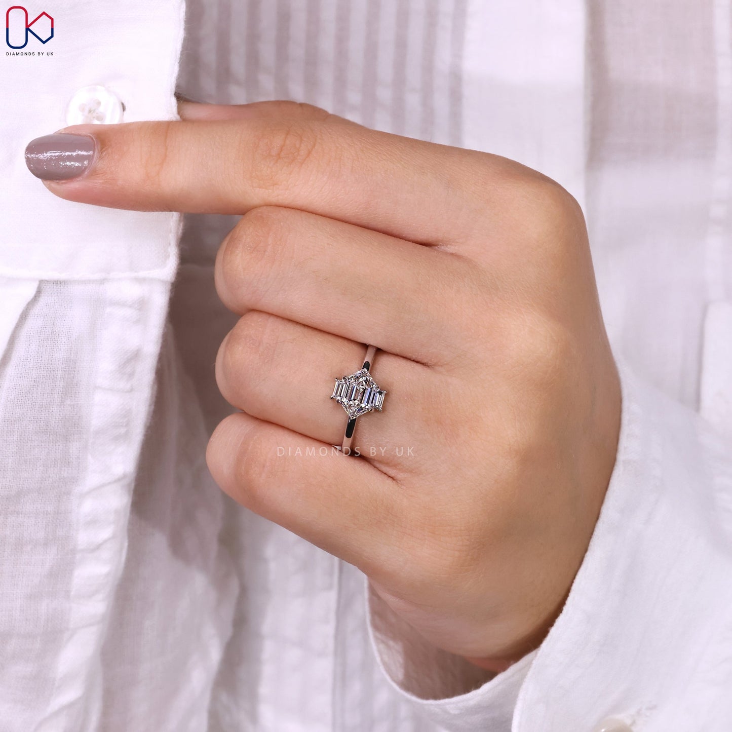 Hexagon Cut East West Diamond Ring In White Gold