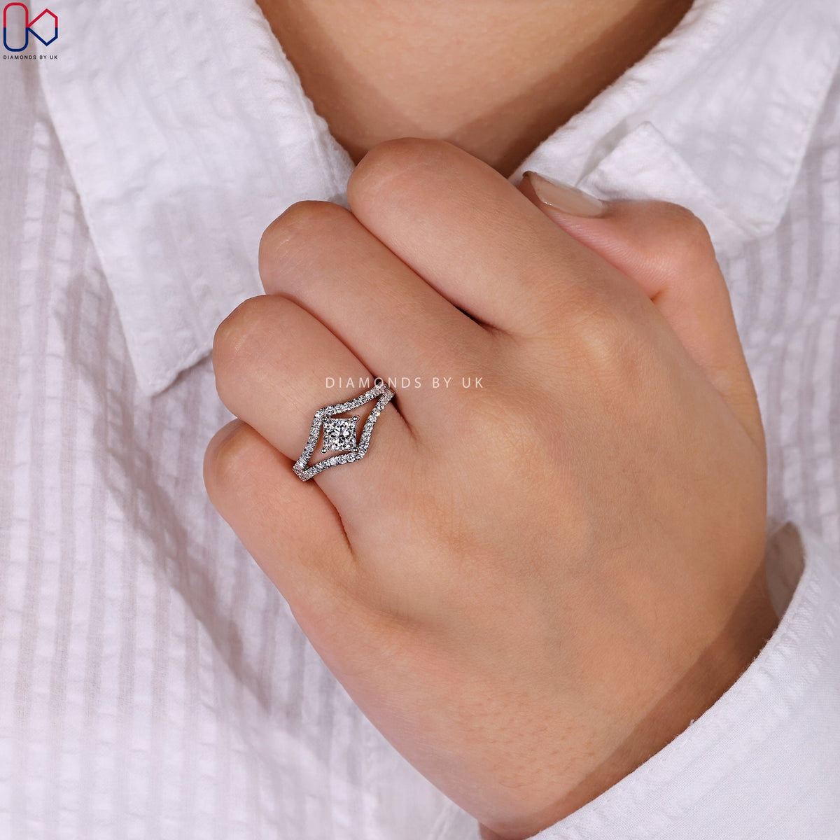 Princess Cut Diamond Ring - Split Shank Pave