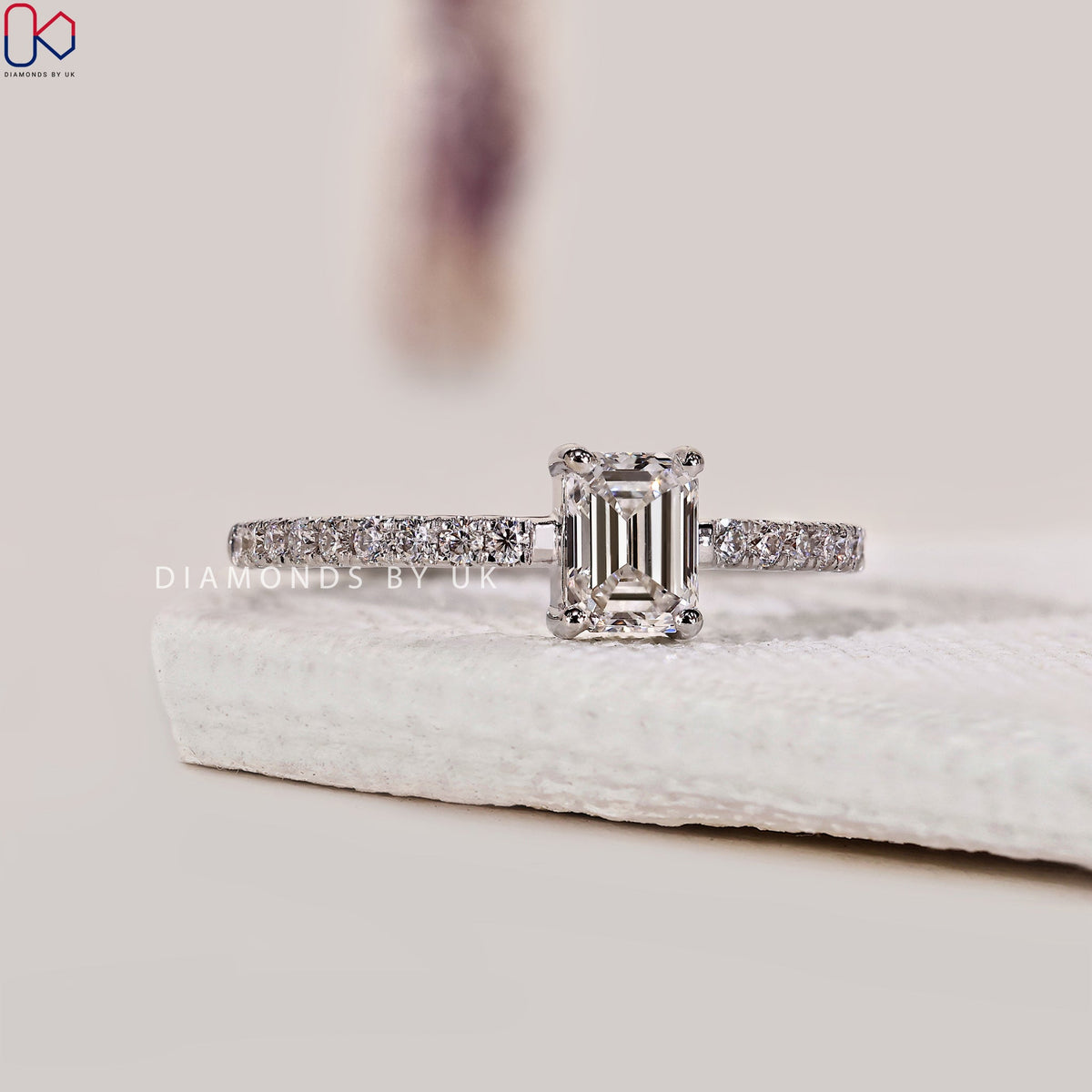 Pave Setting Emerald Diamond Engagement Ring