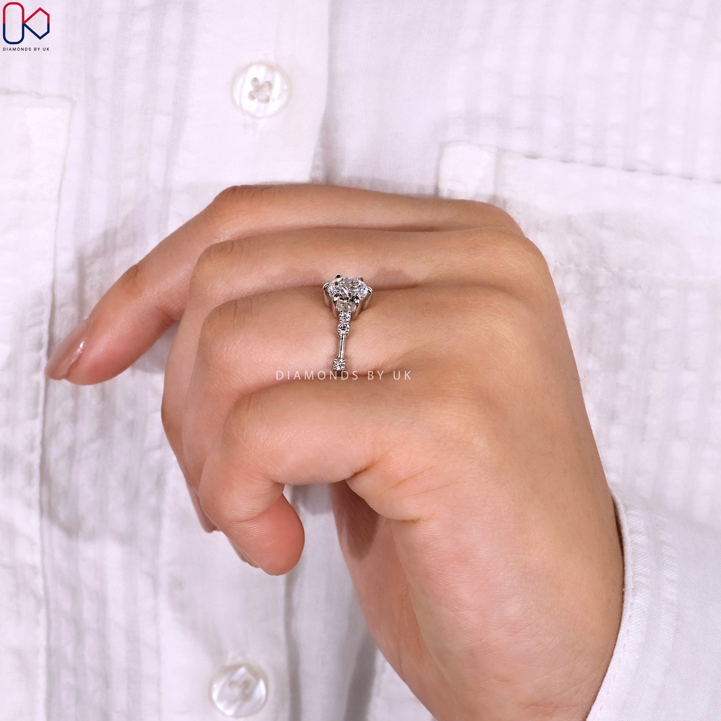 Round Diamond Engagement Ring With Distance Pave Band