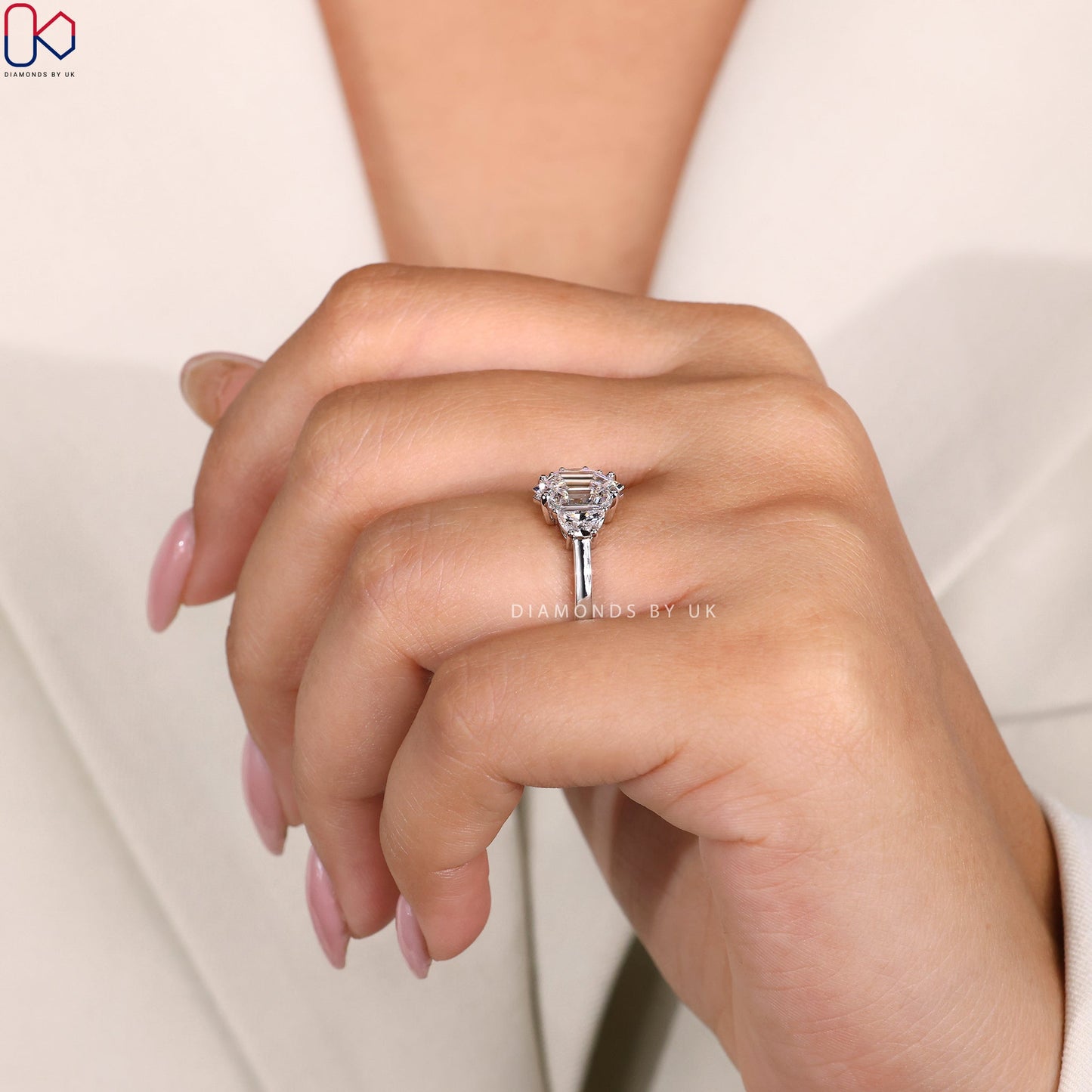 Hexagon Cut Diamond Engagement Ring with Half Moon Cut