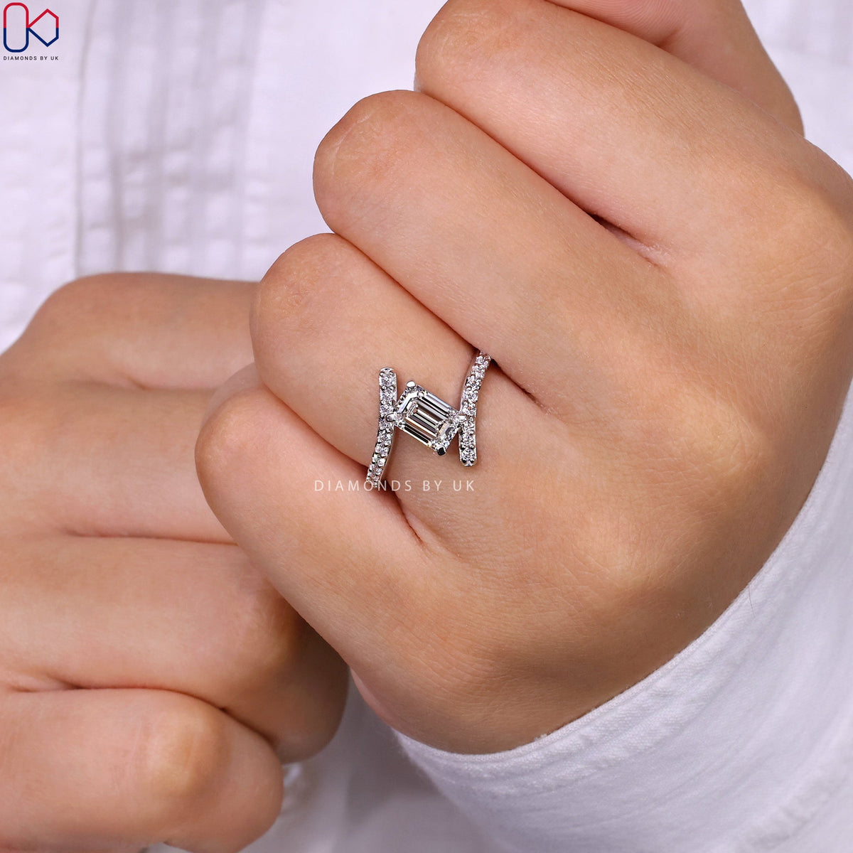 Emerald Cut Engagement Ring In Bypass Setting
