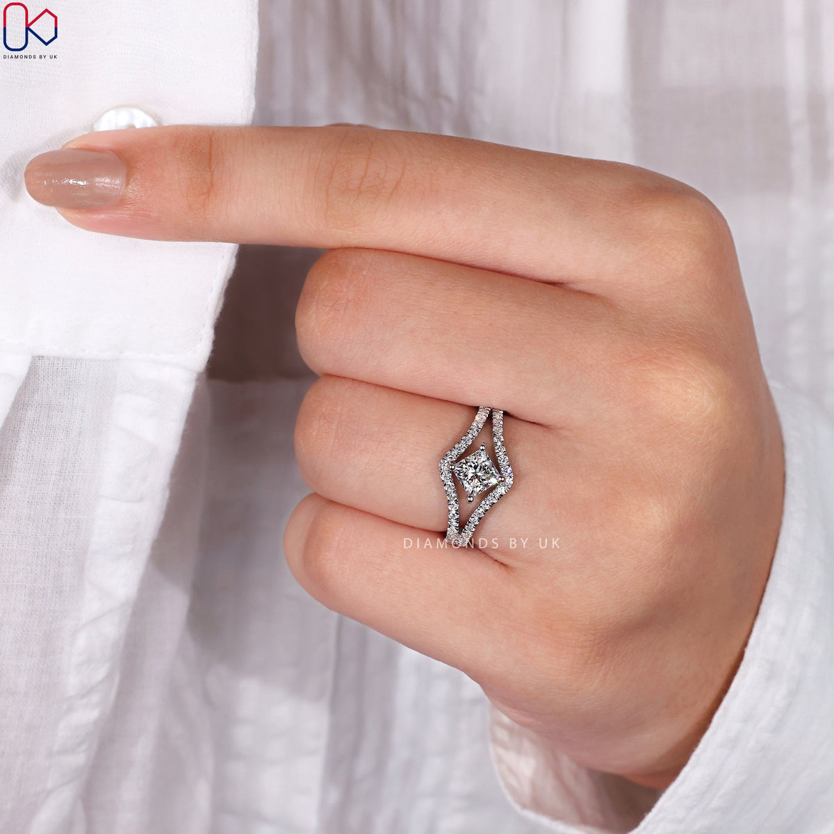 Princess Cut Diamond Ring - Split Shank Pave