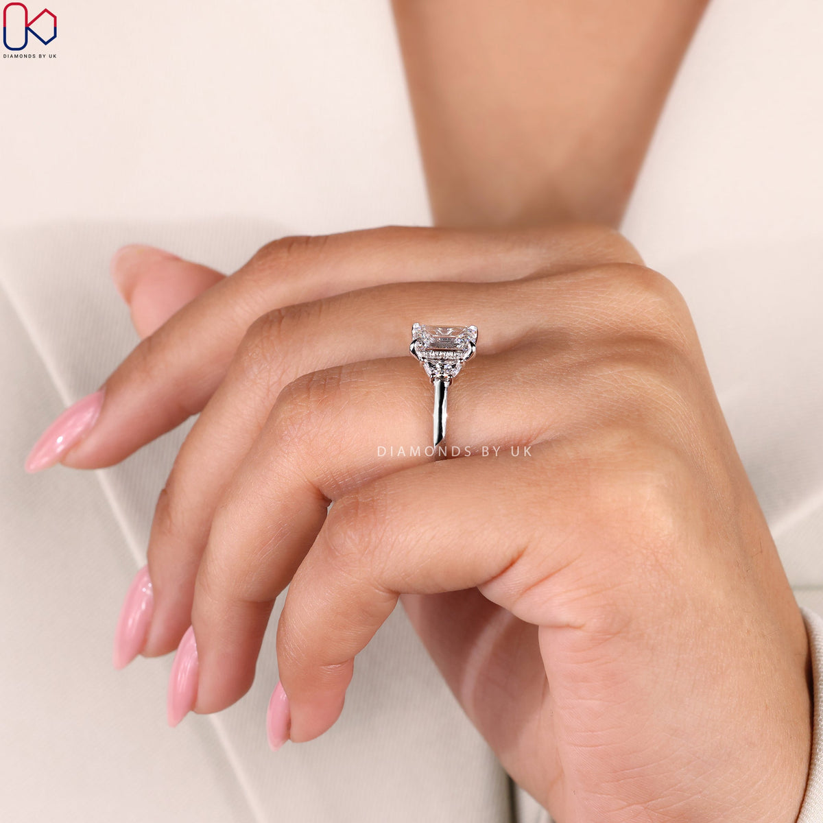Emerald Cut 3 diamond engagement ring with Half Moon Sides
