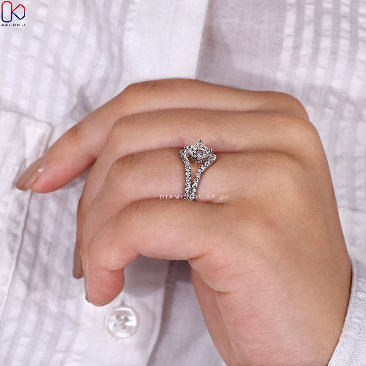 Princess Cut Diamond Ring - Split Shank Pave