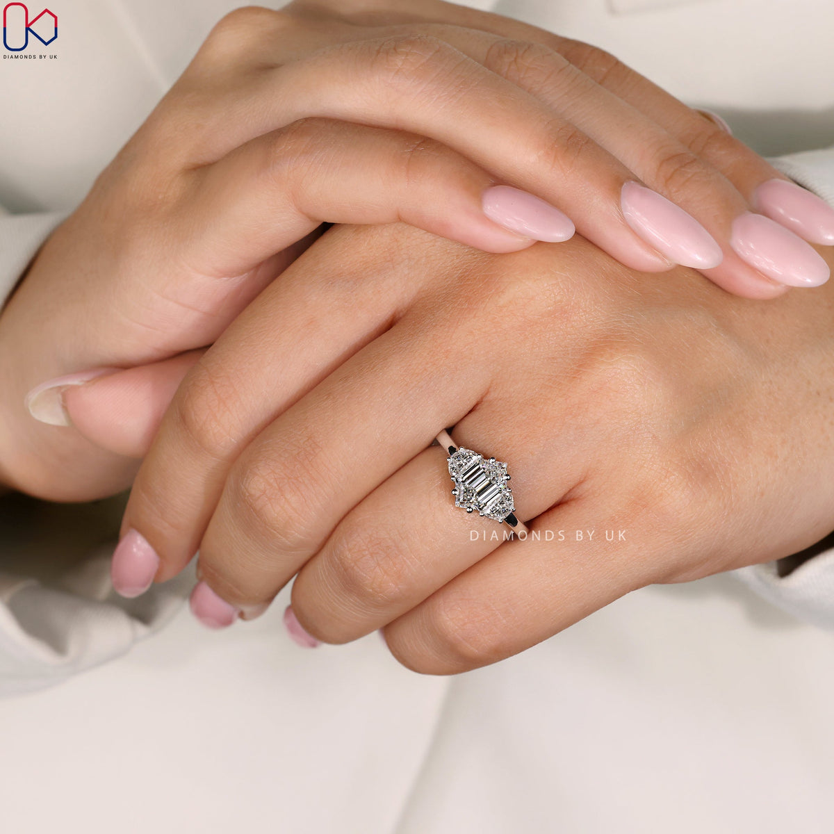 Hexagon Cut Diamond Engagement Ring with Half Moon Cut
