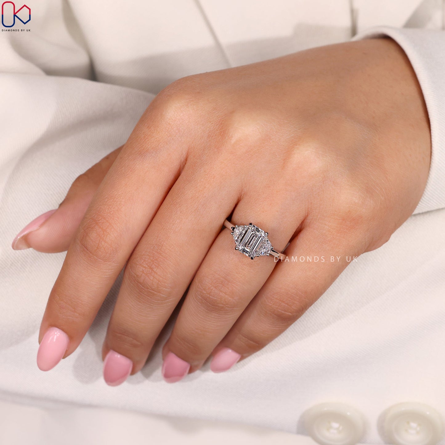Emerald Cut 3 diamond engagement ring with Half Moon Sides