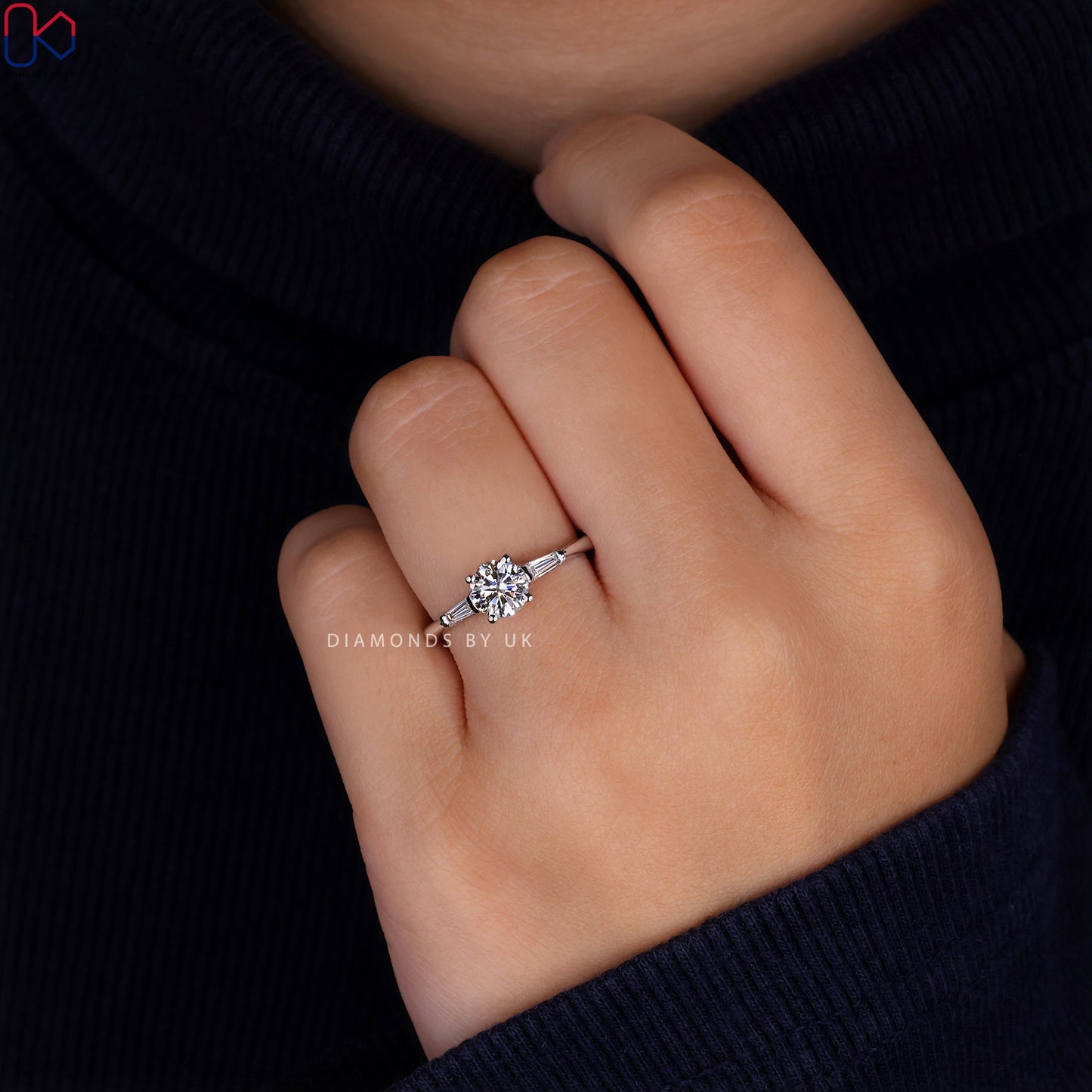 Three Stone Engagement Ring - Round and Baguette