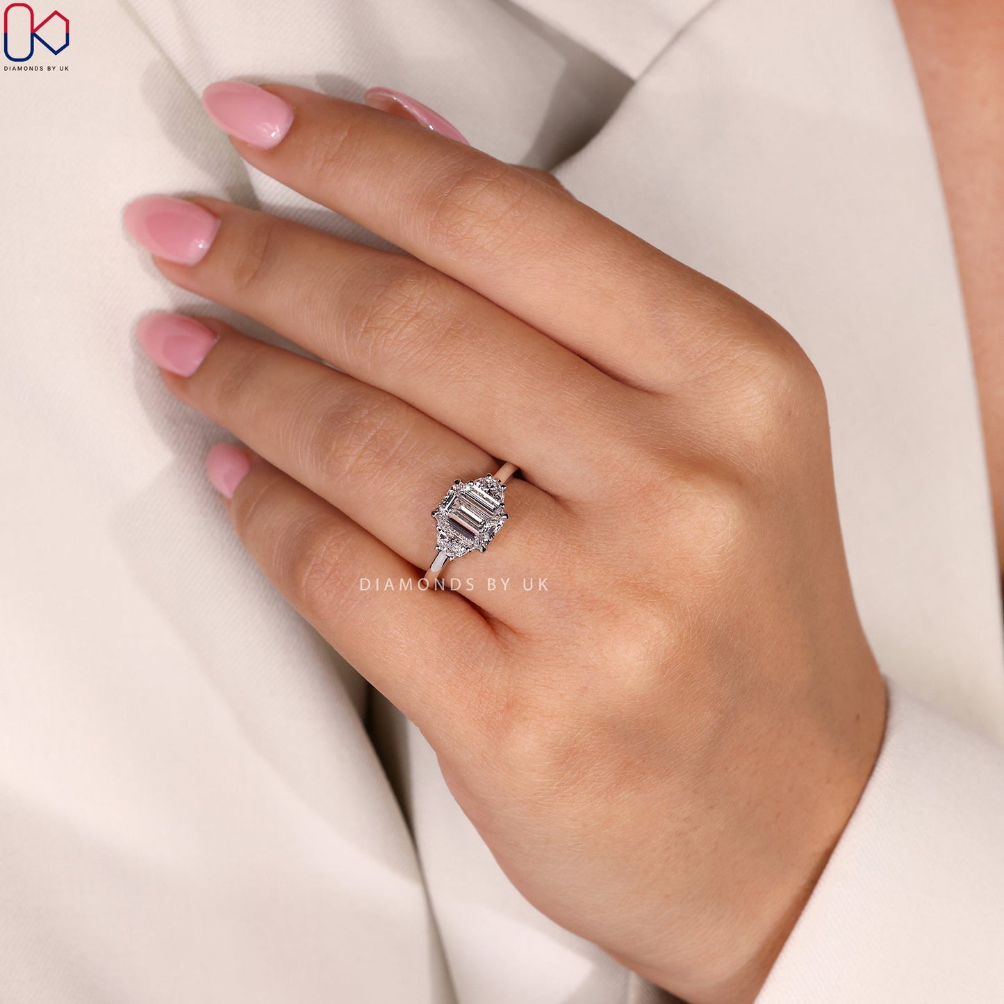 Emerald Cut 3 diamond engagement ring with Half Moon Sides